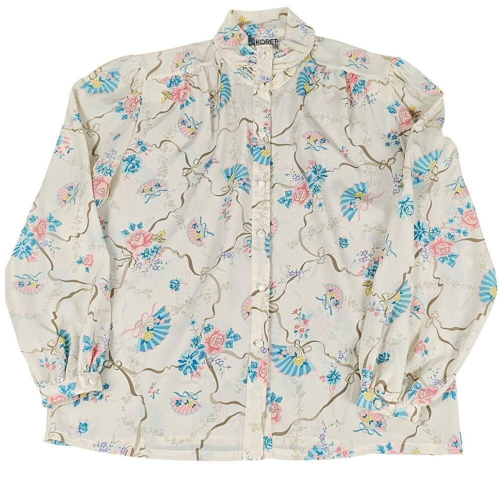 VTG Koret Career blouse sz12 cream pastel floral print button up high collar
